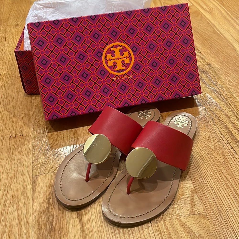 GREAT CONDITION Tory Burch Sandals. Size 9. Red with gold detail. Barely worn.
